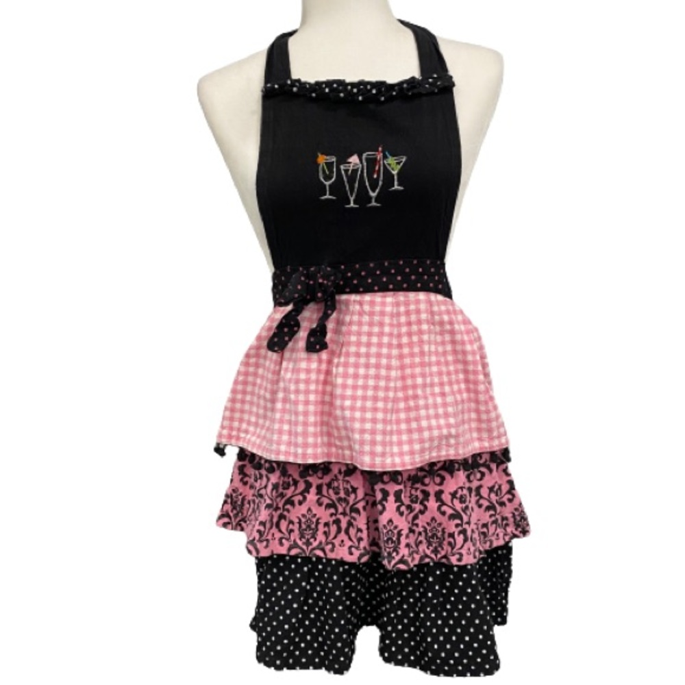 Apron Bib Style Cocktail Embroidered  Ruffled Pink Black 100% Cotton